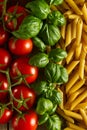 Beautiful tasty colorful pattern of italian pasta, tomatoes and