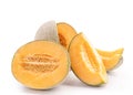 Beautiful tasty sliced juicy cantaloupe melon, muskmelon, rock melon isolated on white background, close up, clipping path, cut Royalty Free Stock Photo