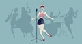 Beautiful and tattooed pin-up girl singing with ladies band in t