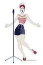 Beautiful and tattooed pin-up girl singing. Vector Illustration