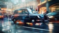 Beautiful taxi car motion blur on evening street with lights reflections