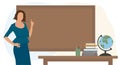 Beautiful teacher pointing finger near blackboard in classroom. Teachers day, education. Vector illustration