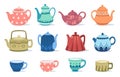 Beautiful teapot and cups. Decorative ceramic kitchen teapots for brewing tea. Vector illustration Royalty Free Stock Photo