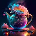 Beautiful teapot with flowers on a dark background. Vector illustration Generative AI