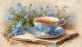 Beautiful teatime with blue flowers and books