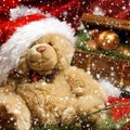 A beautiful teddy bear on a Christmas background