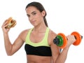 Beautiful Teen Girl Holding Colorful Weights And A Giant Cheeseburger Royalty Free Stock Photo