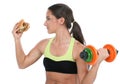 Beautiful Teen Girl Holding Colorful Weights And A Giant Cheeseburger Royalty Free Stock Photo