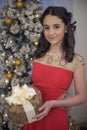 Beautiful teen girl in red dress smart Royalty Free Stock Photo