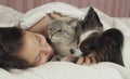 Beautiful teen girl sleeping sweetly in bed with dog and cat Royalty Free Stock Photo