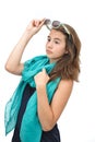 Beautiful teen girl with sunglasses and blue scarf around her neck posing Royalty Free Stock Photo