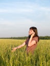 Beautiful Teen Girl Talking Mobile Phone Field Royalty Free Stock Photo