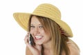 Beautiful Teen In Yellow Hat On Cellphone Royalty Free Stock Photo