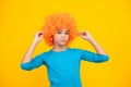 Beautiful teenage girl in wig isolated on yellow. Funny clown wig. Royalty Free Stock Photo