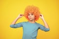 Beautiful teenage girl in wig isolated on yellow. Funny clown wig. Royalty Free Stock Photo