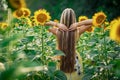 Beautiful Teenage Model girl with long healthy hair posing on the Sunflower Spring Field Royalty Free Stock Photo