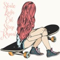 Beautiful teenager girl with pink hair sit on a skateboard. Fashion illustration Royalty Free Stock Photo