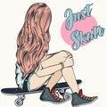 Beautiful teenager girl sit on a skateboard. Fashion illustration, just skate Royalty Free Stock Photo