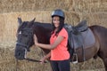 Beautiful teenager with his horse learning to ride Royalty Free Stock Photo