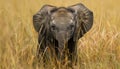 Beautiful telephoto lens shot of a small elephant calf hiding from in high dry grass in African Savanna and gazing at camera. Royalty Free Stock Photo