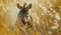 Beautiful telephoto lens shot of a zebra hiding from Lions in high dry grass in African Savanna and gazing at camera. Beauty in Royalty Free Stock Photo