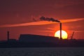 Beautiful telephoto view of epic orange sunset over Dublin port and Sun aligned with Covanta Plant Dublin Waste to Energy Royalty Free Stock Photo