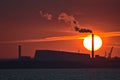 Beautiful telephoto view of epic orange sunset over Dublin port and Sun aligned with Covanta Plant Dublin Waste to Energy Royalty Free Stock Photo