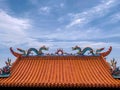 Beautiful temple roof with cloudy blue sky at Taiwan. Chinese dragon statue Royalty Free Stock Photo