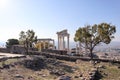 Beautiful temple of Trajan autumn view with white marble columns with blue sky and valley background, ancient city Pergamon, Turke Royalty Free Stock Photo