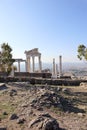 Beautiful temple of Trajan autumn view with white marble columns with blue sky and valley background, ancient city Pergamon, Turke Royalty Free Stock Photo