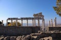Beautiful temple of Trajan autumn view with white marble columns with blue sky and valley background, ancient city Pergamon, Turke Royalty Free Stock Photo