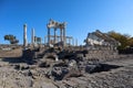 Beautiful temple of Trajan with white marble columns on blue sky background, ancient city Pergamon, Turkey Royalty Free Stock Photo