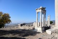 Beautiful temple of Trajan with white marble columns on blue sky background, ancient city Pergamon, Turkey Royalty Free Stock Photo