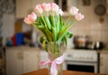 Beautiful tender bouqet of pink tulips in a vase