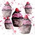 Beautiful tender bright graphic delicious tasty chocolate yummy summer dessert cupcakes with red raspberry on red spray