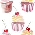 Beautiful tender lovely cute delicious tasty yummy summer dessert two cupcakes with red cherry and beige cream