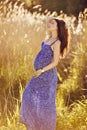 Beautiful tender pregnant woman smiles and enjoys a sunny summer Royalty Free Stock Photo