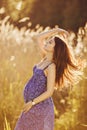 Beautiful tender pregnant woman smiles and enjoys a sunny summer Royalty Free Stock Photo