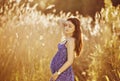 Beautiful tender pregnant woman smiles and enjoys a sunny summer Royalty Free Stock Photo