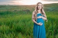 Beautiful tender pregnant woman standing on green grass Royalty Free Stock Photo