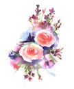 Beautiful and tender, romantic watercolor illustration of roses bouquet.