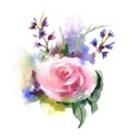 Beautiful and tender, romantic watercolor illustration of roses bouquet