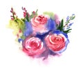 Beautiful and tender, romantic watercolor illustration of roses bouquet