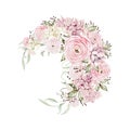 Beautiful tender watercolor wreath with different flowers of ranunculus, tulips, leaves