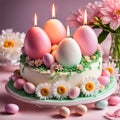 beautiful tender white Easter cake with colored eggs, flowers and burning candles on pink background Royalty Free Stock Photo