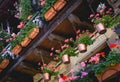 Beautiful terrace or balcony with flowers in the medieval town of Puebla de Sanabria. Spain. Royalty Free Stock Photo