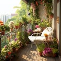 Beautiful terrace or balcony with small table, chair and flowers. Summer time Idyllic seating in the terrace with drink Royalty Free Stock Photo