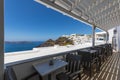 Beautiful terrace and caldera view. Amazing luxury vacation landcsape panorama, Santorini, Greece. Royalty Free Stock Photo