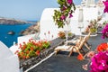 Beautiful terrace with flowers overlooking the sea Royalty Free Stock Photo