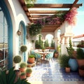 Beautiful terrace with flowers and plants. 3d rendering.